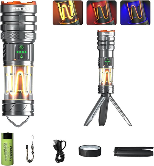 Rechargeable Flashlight 11 Modes Tactical Camping Flashlight with Red-Blue Emergency Lights, 10000 Lumens 3 in 1 Portable Camp Light with Stand, Bright LED Flashlight for Outdoor Activity