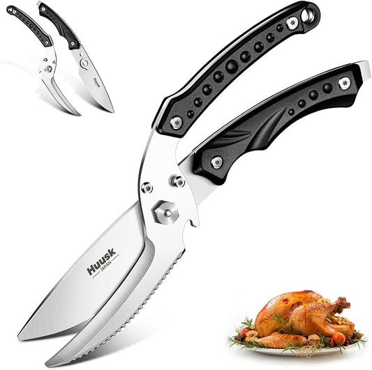 Huusk Kitchen Scissors for Food,Poultry Shears Heavy Duty with Serrated Edge,Detachable Meat Cutting Scissor for Chicken Bone And Turkey,Black Cooking Shear Thanksgiving