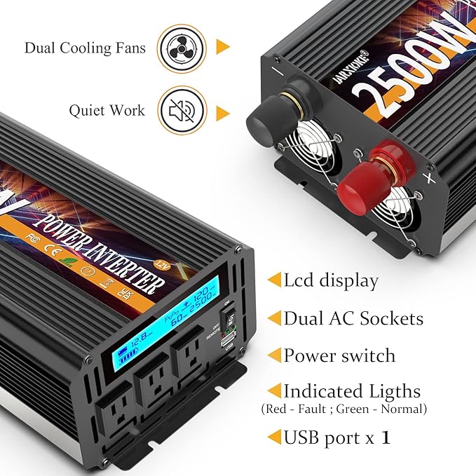 2500W Power Inverter 12V DC to AC 110V/120V (Peak) 5000W Converter 3 sockets car Inverter with Remote Control and LED Display 3.4A USB Port
