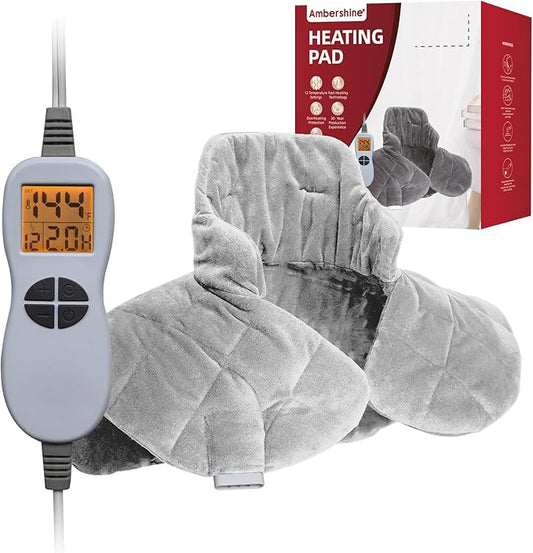 Ambershine 19''x24'' Weighted Neck & Shoulder Heating Pad, 2.5lbs with 12 Temperature Settings& 4 Auto-Off Timers, Pain Relief for Neck/Shoulder/Back, Christmas Gifts for Women Men Mom Dad(Light Gray)