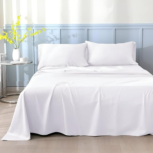 SKY BEDDINGS RV Short Queen Sheet Set - 600 Thread Count, 100% Egyptian Cotton RV Sheet Set - 4 Piece RV Queen Sheets for Campers Bed - Sateen Weave, Hotel Quality, Cooling & Breathable - White