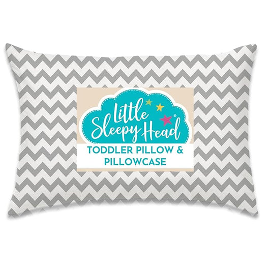 Little Sleepy Head Toddler Pillow with Pillowcase 13x18 - Kids Pillow for Sleeping - Better Neck Support Ergonomic Pillow and Toddler Pillowcase - Best Pillows for Kids (Chevron Gray)