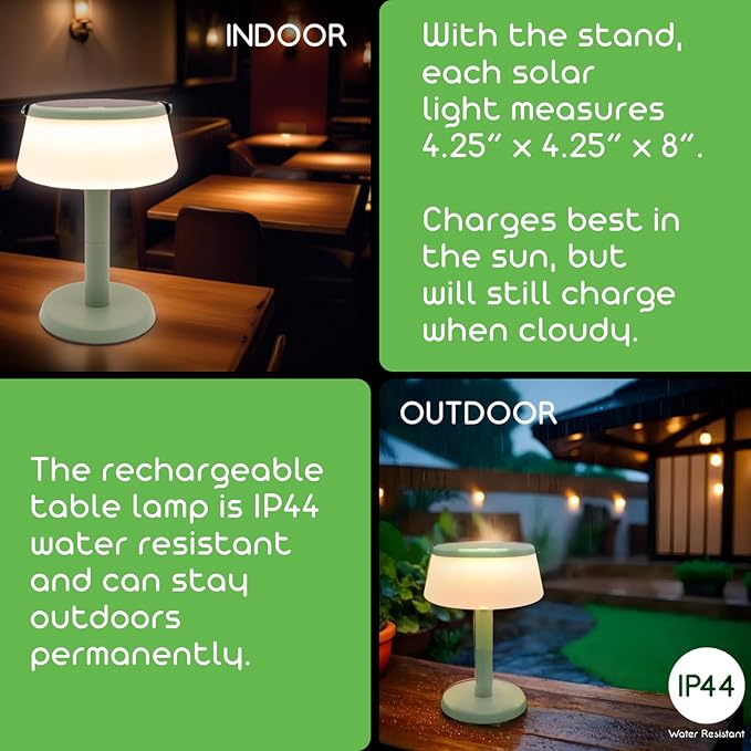2-in-1 Portable Solar Power LED Table Lamp & Lantern - Indoor/Outdoor - Stepless Dimming - Rechargeable Battery - 330 lumens, 2700K - IP44 Weather Resistant - Green