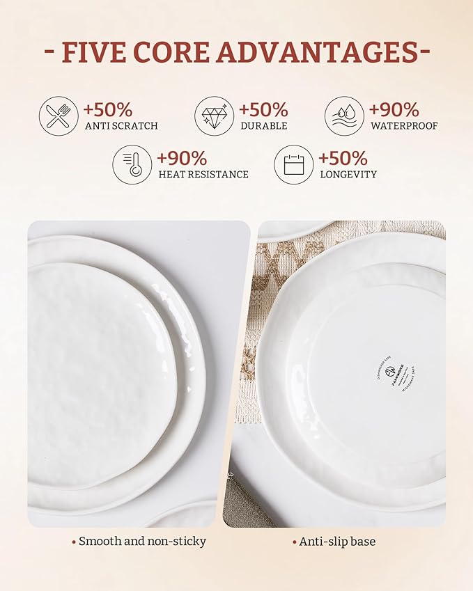 Famiware Porcelain kitchen plates and bowls set, Modern dishes set for 6, Handmade Wave Edge Dinnerware Sets, Microwave and Dishwasher Safe Tableware, Polar White (24pc)