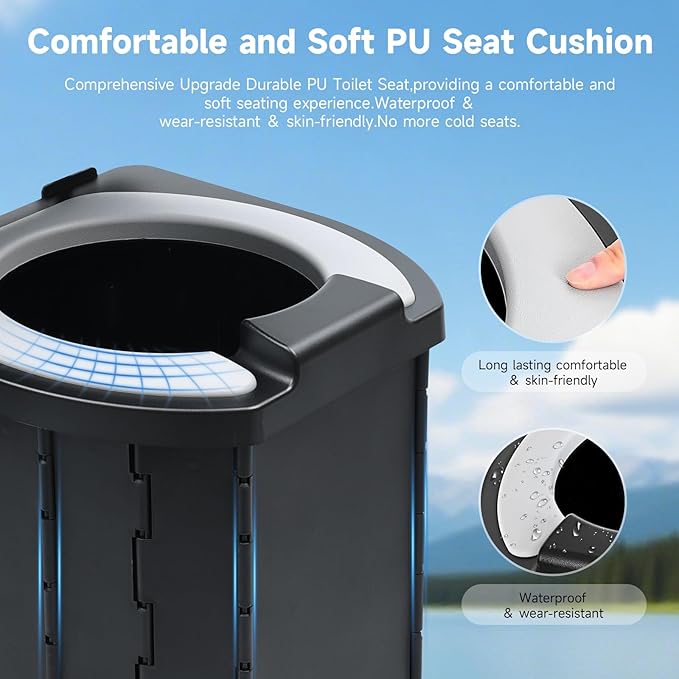 Camping Toilet Portable Potty - Upgraded Comfort Toilet Seat & Urine Splash Guard, Outdoor Foldable Travel Toilet for Camping, Hiking, RV Travel, Road Trips, Car & Truck Drivers