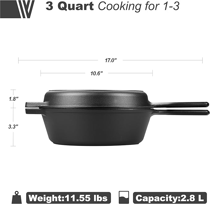 Pre-seasoned Cast Iron Double Dutch Oven Pot with Skillet Lid, for Bread Baking, Outdoor, Campfire Cooking, 3 Quart