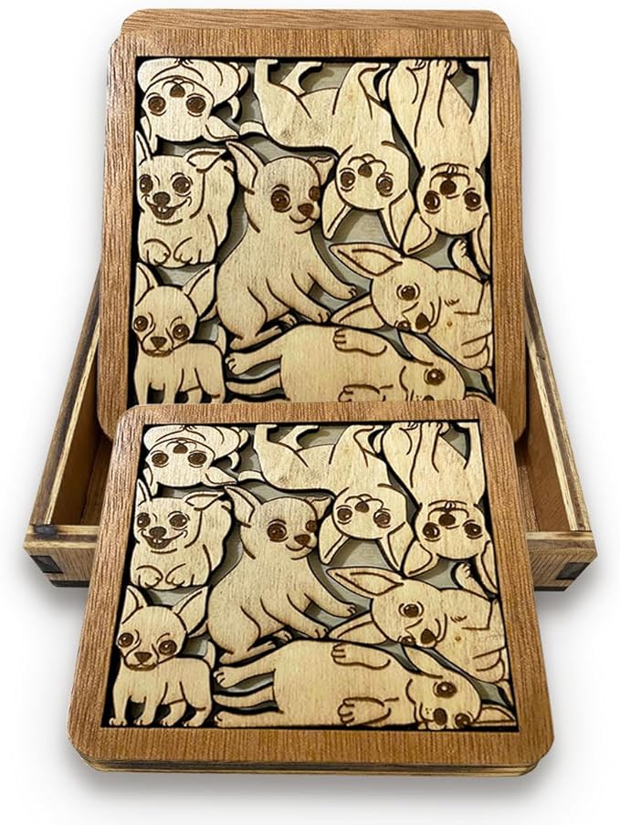 02 Chihuahua Dog Puzzle Coaster - Chihuahua Dog Puzzle Wooden Coaster Set - Interlocking Jigsaw Drink Mats with Laser-Cut Design for Chihuahua Lovers