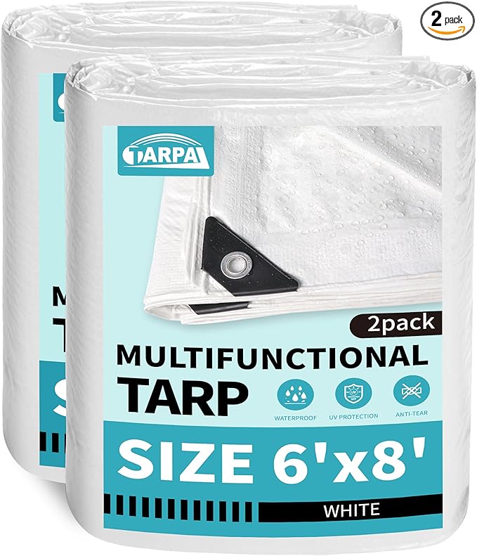 TARPAL 6x8 Feet White Tarp Waterproof (2 Pack) Small tarps Multipurpose Protective Cover All Purpose Poly Tarps Cover for Firewood Outdoor Furniture etc