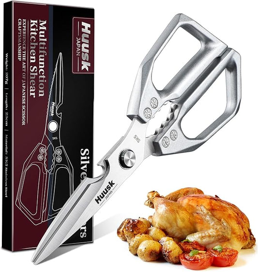 HUUSK Kitchen Scissors all Purpose - Stainless Steel Kitchen Shear, Sharp Silver Meat Scissors Dishwasher Safe, Heavy Duty Poultry Shears, Japanese Cooking Scissor for Food, Chicken Bones, and Turkey