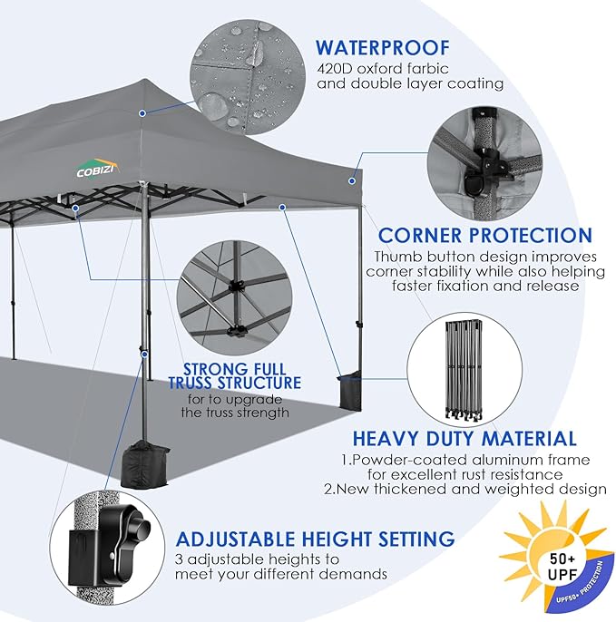 COBIZI 10x30 Pop up Canopy, Heavy Duty Outdoor Party Tents for Parties, Ez up UPF 50+ Waterproof Commercial Canopy with Wheeled Bag can fold, Gray(Windproof Upgraded)