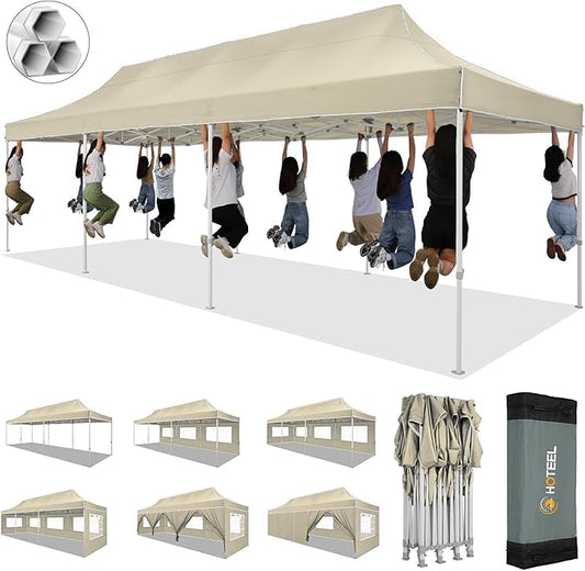HOTEEL 10x30 Pop up Canopy Tent for Parties, Heavy Duty Easy Setup Tent with 8 Sidewalls, Outdoor Commercial Instant Gazebo for Wedding Event, with Portable Bag & Sand Bags, Khaki(Hexagonal Frame)