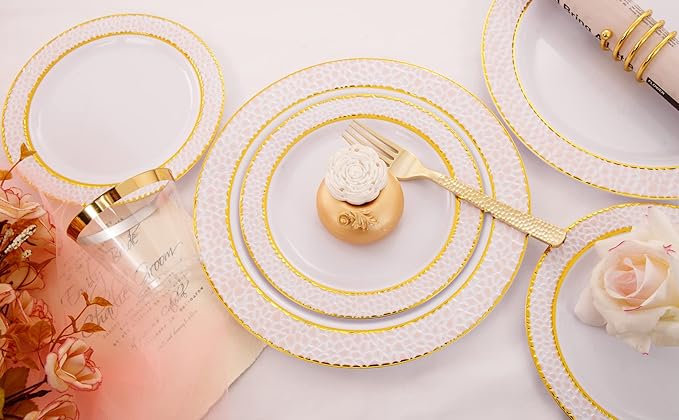 Ciaell 150PCS Pink Plastic Plates – Disposable Pink and Gold Plates Set include 50Plates, 25Forks, 25Knives, 25Spoons, 25Cups for Wedding & Party