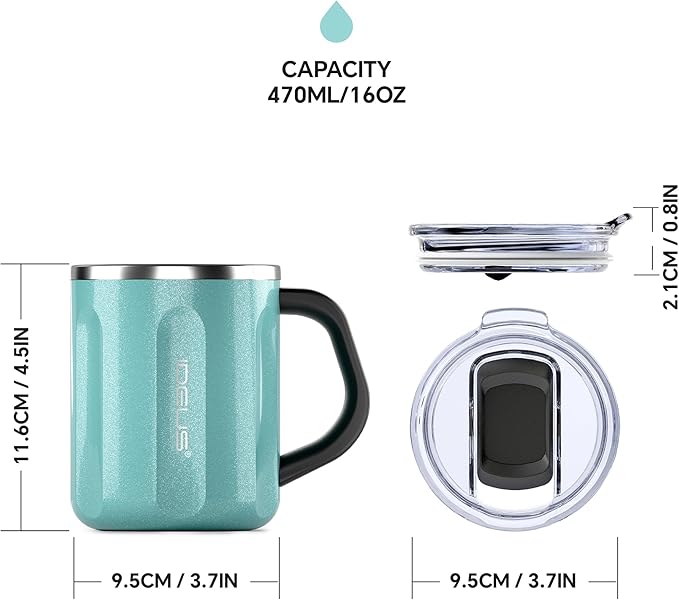 Ideus 16 oz Coffee Cup, Stainless Steel Coffee Travel Mug, Spill Proof Tea Mug with Handle and Lid, Lightweight and Durable, Great for Office Home and Outdoor Use, Sky Blue