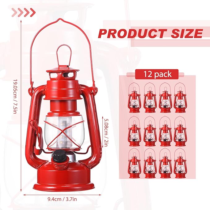 Hortsun 12 Pcs 8 Inch Vintage LED Hurricane Lantern Metal Red Outdoor Battery Operated Hanging Lantern with Warm LEDs and Dimmer Switch for Indoor Rustic Farmhouse Country Camping Decor