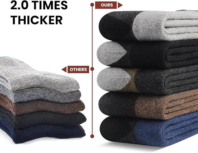 BESTENA Merino Wool Hiking Socks for Men 5 Pairs Thermal Warm Winter Thick Cushion Moisture Wicking Crew Boot Socks
