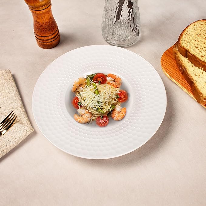 Creative home decor ceramic wide-rimmed soup bowls/plates, 5.3 oz pasta bowl set of 4, white embossed bowls and plates with rims, perfect for upscale restaurants, hotels and gourmets.