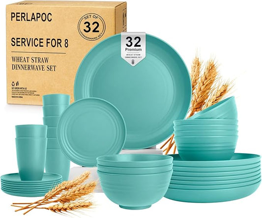Wheat Straw Dinnerware Sets, 32 PCS Dishes Set for 8, Unbreakable Plates and Bowls Sets, Microwave Safe Dinnerware Set for Kitchen Outdoor Camping RV - Green