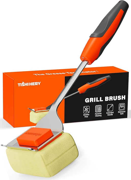 Grill Brush Bristle Free for Outdoor Grill, Steam Grill Cleaning Brush Replaceable Head, Extended Handle, Safe BBQ Cleaner Brush with Scraper for Cast Iron Stainless Steel Porcelain Grates