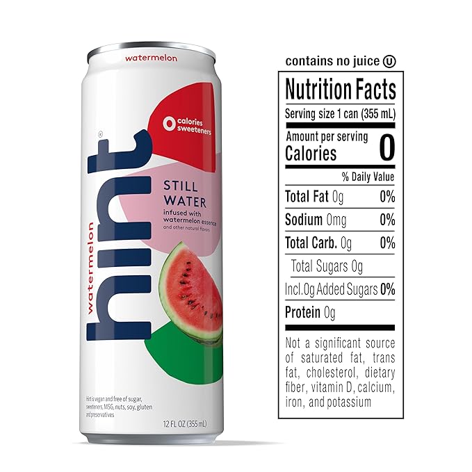 Hint Watermelon Canned Flavored Water, Pure Still Water Infused with Watermelon Essence, 12 oz Slim Cans, Zero Sugar, Calories, Sweeteners, Preservatives, or Artificial Flavors (Pack of 12)