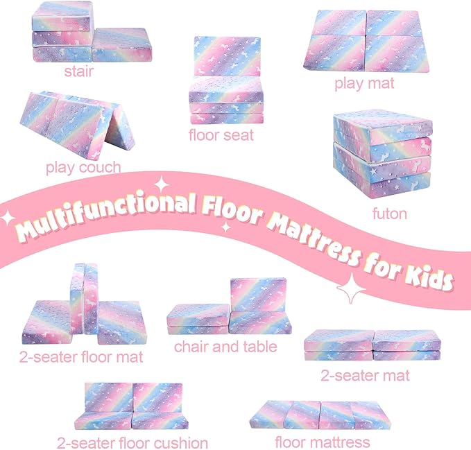 MeMoreCool Foldable Floor Mattress for Kids, Glow Toddler Nap Mat for Sleeping and Daycare, Portable Trifold Futon Mattress Floor Bed, Rainbow Unicorn