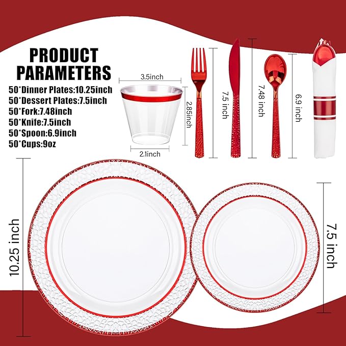 Ciaell 350 PCS Clear and Red Plastic Plates – Red Dinnerware Set for 50 Guests Include 100 Plastic Plates, 50 Pre Rolled Napkins with Cutlery Set, 50 Cups for Wedding & Party & Anniversary & Christmas