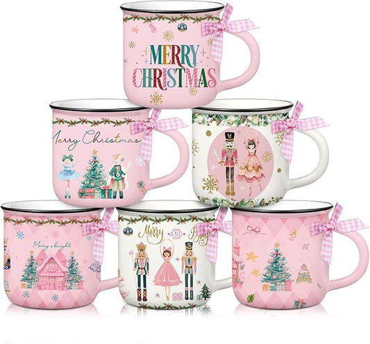 6 Pcs Christmas Gifts Mini Coffee Mugs Nutcracker Mug Pink Pastel Christmas Decor Coffee Cups Pink Nutcracker Cup Holiday Xmas Drinkware Housewarming Gifts for Xmas Tea Cocoa Hot Drinks
