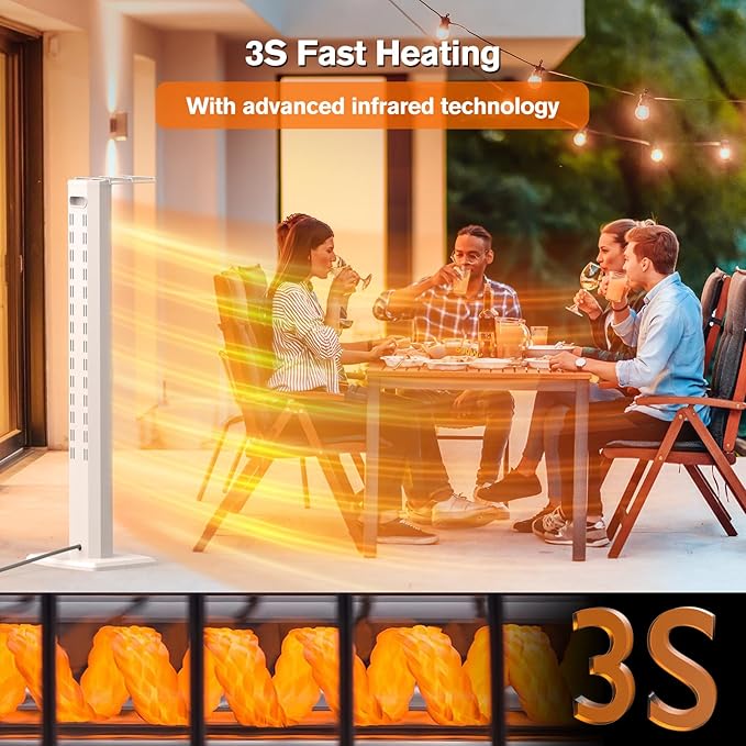 FLOWBREEZE Outdoor Patio Heater, 42in Infrared Heater with Remote, 9 Heat Levels, 9H Timers, Safety Lock, Tip-Over & Overheat Protection, IP65 Waterproof, Portable Electric Heater for Outdoor Use