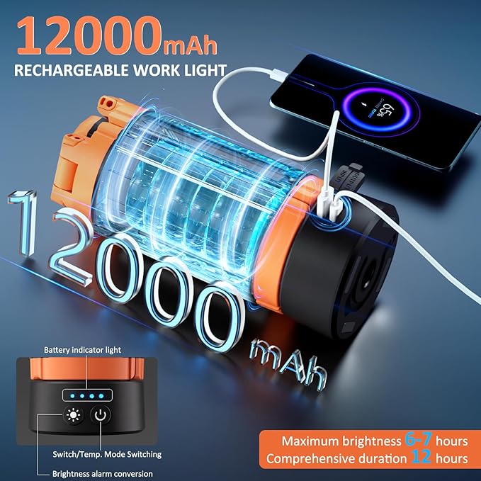 Rechargeable Camping Light with Stand 73" Magnet Work Light Cordless, with 3 Page Head, 2500LM 12000MAH, Hooks & Carrying Bag, Job Site Workshop Outside Orange