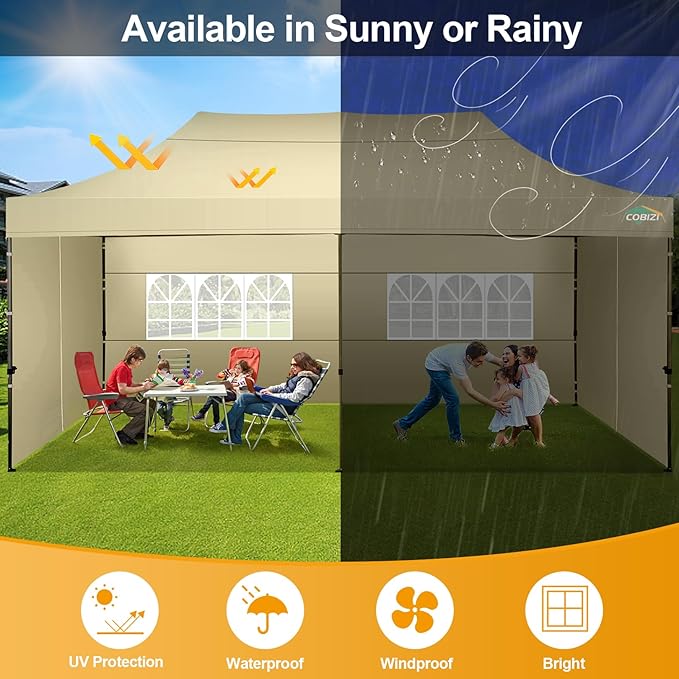 COBIZI 10x20 Pop up Canopy Tent 10x20 Canopy with 6 Sidewalls Waterproof Heavy Duty Gazebo Commercial Canopy Tent for Parties Outdoor Tent Gazebo Tent, Carry Bag with Wheel(10x20ft, Khaki)
