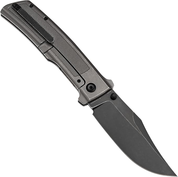 KANSEPT Bison Pocket Folding Knife, 4.25'' Blackwash CPM S35VN Steel Sharp Blade, Grey Anodized Titanium with Frag Pattern Handle, Frame Lock and Thumb Stud for Edc, Camping Hiking Knives K1108A3
