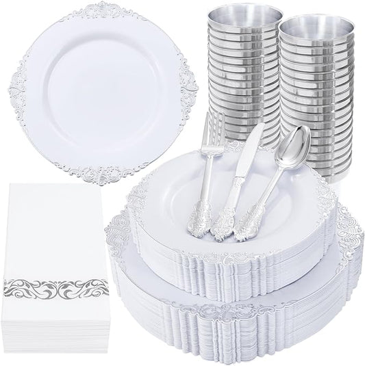 Nervure 350PCS Silver Plastic Dinnerware - White and Silver Disposable Plates for 50 Guests - 100 Disposable Plates, 150 Plastic Silverware, 50 Cups, 50 Napkins for Wedding & Party