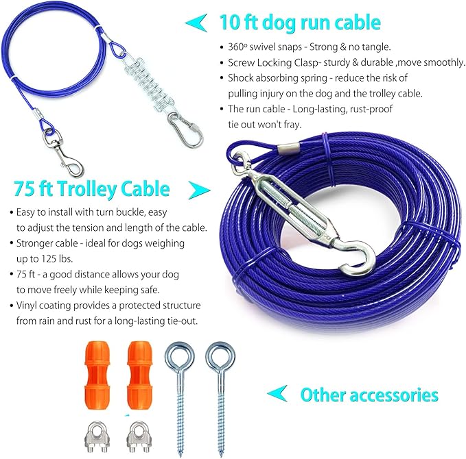 Patented Heavy Duty Dog Tie Out Trolley System Zipline for Small to Large Dogs - 75ft Aerial Runner Cable with 10ft Dog Run Cable and 2 Unique Stoppers for Yard Camping Outdoor