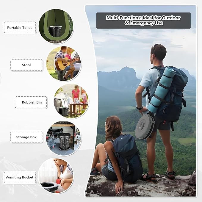 Camping Toilet Retractable Portable for Adults Kids, Adjustable Height Potty with Lid Foldable Design for Hiking, Car Travel, Truck, RV, Boating, Road Trips, Beach (Grey)