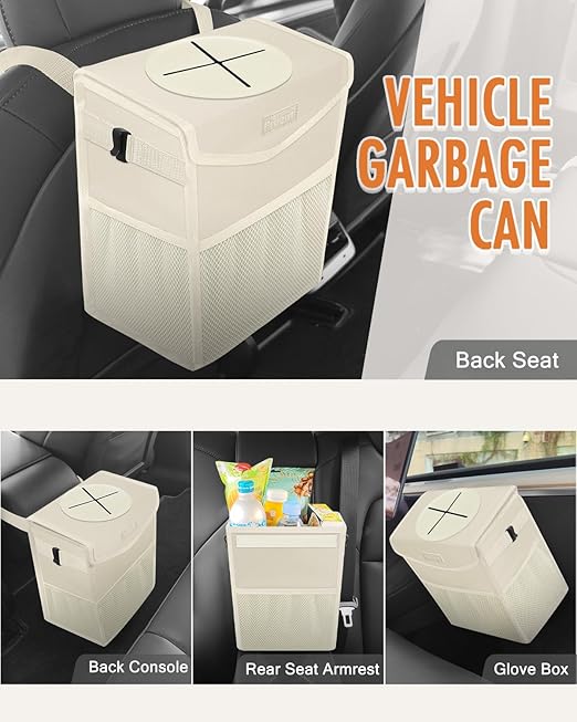 Car Trash Can with Lid, Cute Leakproof Car Trash Garbage Bag Hanging Vehicle Trash Bin Small Portable Automotive Garbage Cans Organizer for Back/Front Seat/Console(2.8 Gallons,Beige