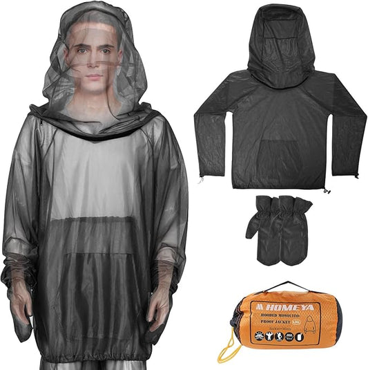 2-Piece Net Suit S/M, Zippered Hood Jacket & Gloves Set, Thickened Breathable Mesh, Adjustable Fit for Upper Body Protection, Unisex Lightweight Outdoor Gear for Camping, Fishing, Hiking, Gardening