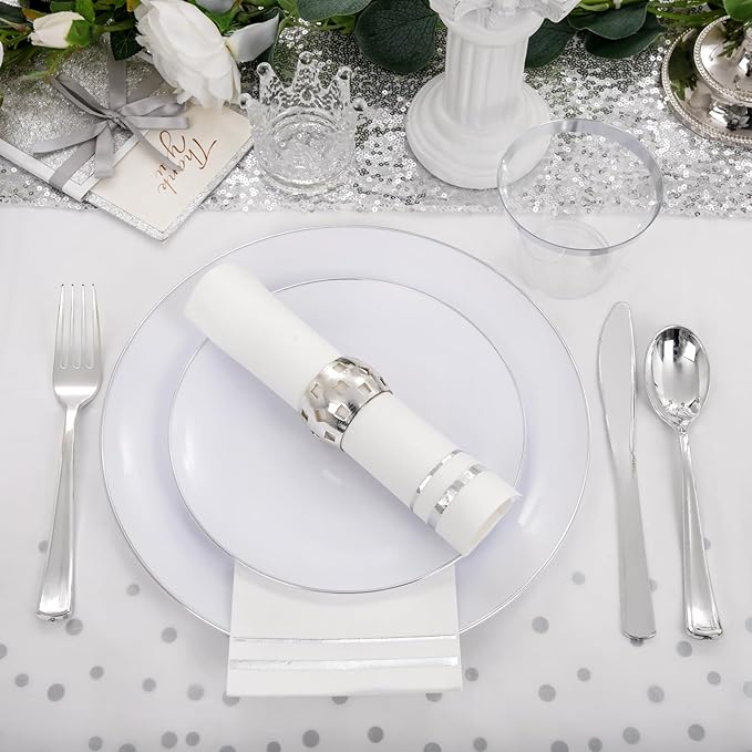 Festiva 176Pcs Silver Plastic Christmas Plates - Party Plates and Cups and Napkins Sets: 25Dinner Plates 25Dessert Plates 25Cups 25 Cutlery 25 Napkins 1Tablecloth for New Year Party&Wedding&Christmas