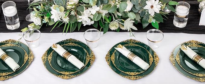 Nervure 175PCS Green Plastic Plates - Disposable Green Gold Party Plates & Pre Rolled Napkins with Cutlery for 25 Guests, 50Plates, 75Silverware, 25Cups, 25Napkin for Wedding & Party