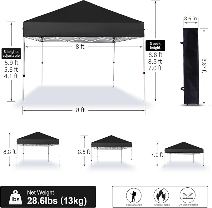 Pop Up Canopy 8X8 FT,Portable Sun Instant Shelter w/Backpack Bag,Waterproof,Adjustable Straight Leg Heights Canopies,Outdoor Tents for Parties,Camping,Commercial Event,Black