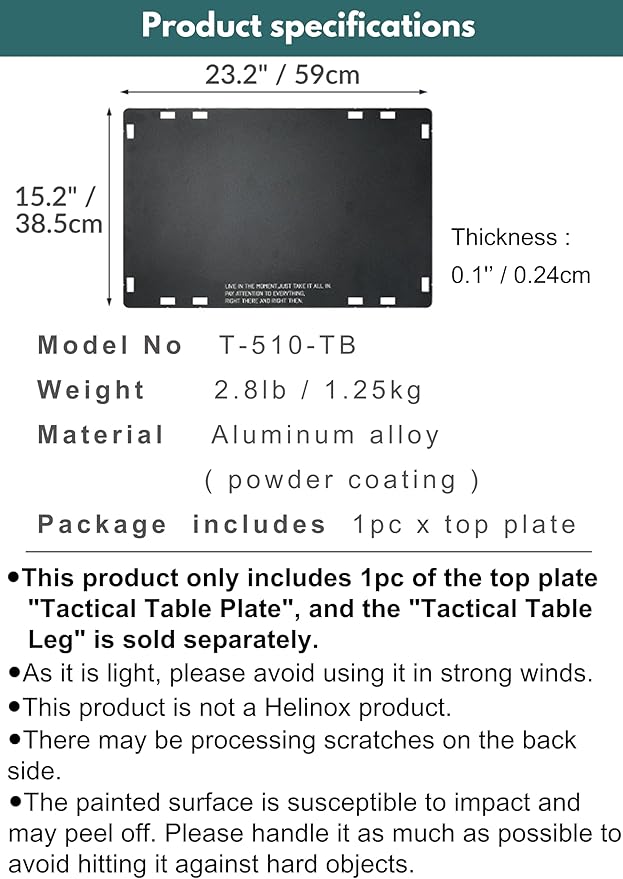 camping moon Hard Top Plate Aluminum Alloy for Tactical Table One Black T-510-TB