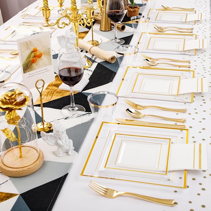 Festiva 176Pcs Clear and Gold Plastic Plates - Square Clear Plates with Gold Trim - Dinnerware Set for 25Guest include Cups Cutlery Napkins for Thanksgiving Party&Wedding&New Year