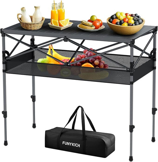 FUNYKICH Folding Camping Table(L39.4''xW19.7''), Aluminum Roll-up Portable Picnic Table with 2 Adjustable Height, Large Storage and Carrying Bag for Picnic, Camping, BBQ, Party, Backyard, Beach