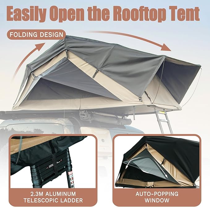 Rooftop Tent, Roof Top Tent for 2-3, Blackout-Coated Oxford & Polycotton for UV Protection and Waterproof, with Aluminum Ladder, Skyview Window, Mattress, for Car/Truck/Jeep/SUV/Van