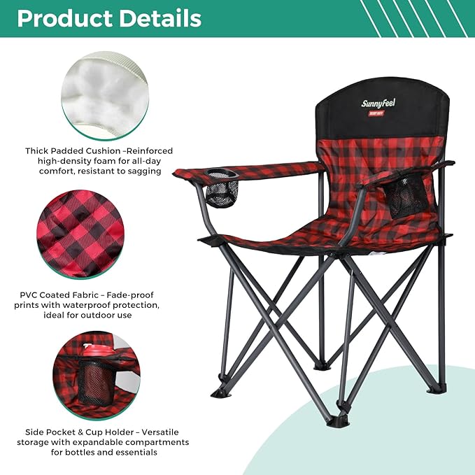 SUNNYFEEL Oversized Folding Camping Chair 800 LBS Heavy Duty for Big Tall People Red Padded Portable Collapsible Chairs with Armrest Cup Holder & Pocket for Outdoor Travel Picnic Camp Sports