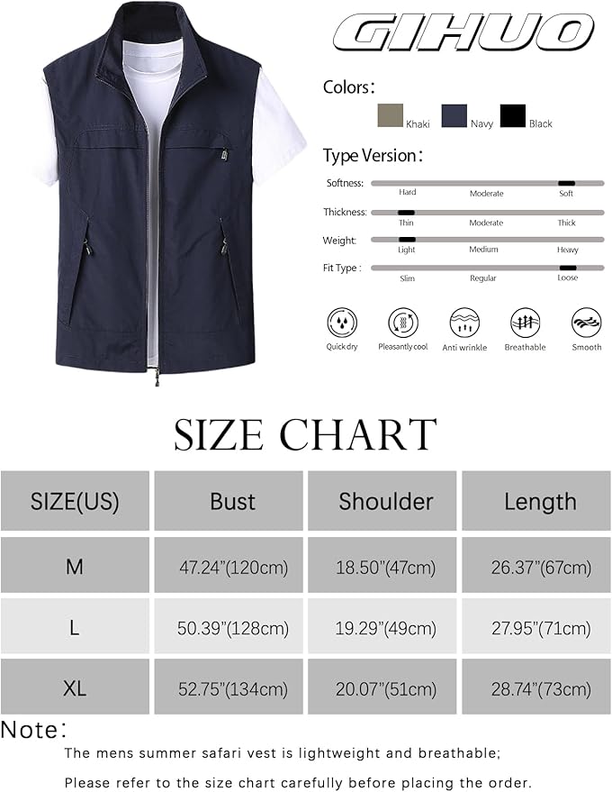 Gihuo Mens Casual Lightweight Travel Vest Summer Utility Safari Vest Sleeveless Jackets for Travel Hiking Fishing