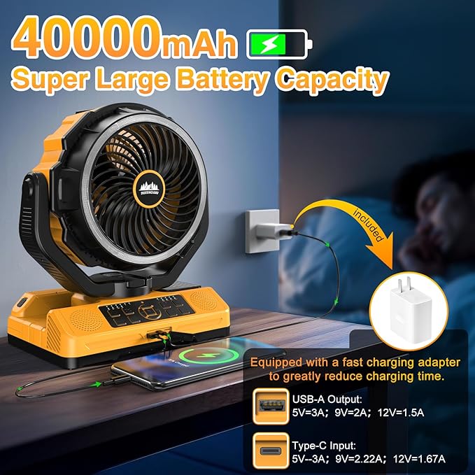 40000mAh Rechargeable Camping Fan for tents With Bluetooth Speaker, Multi-colored LED Light, 6 wind Speeds, 8h Timer, 120° Auto Oscillating Battery Operated Fan for Camping With Fast Charge Adapter