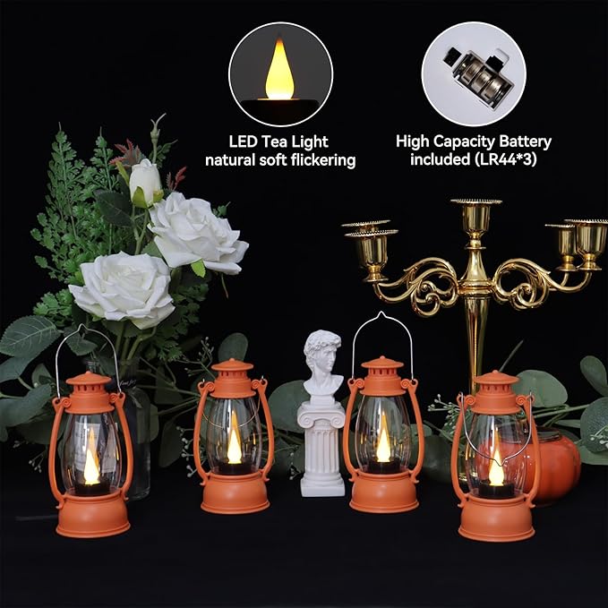 Orange Mini Lanterns Decorative 6-Pcs for Fall Halloween Thanksgiving Decoration, Small Western Lantern with LED Flickering Candle for Cowboy Camping Christmas Wedding Decor, Centerpiece Table