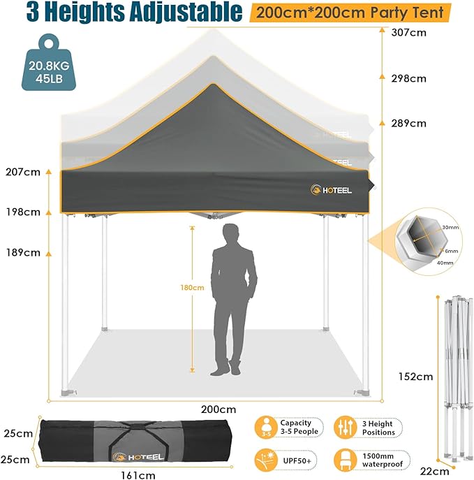 Hoteel 6.6 x 6.6 Pop up Canopy,Easy Up Heavy Duty Canopy with 4 Sidewalls,Upgrade Hexagonal Tube UPF50+ 1500mm Waterproof,Outdoor Canopy Tent with Carry Bag for Commercial Events,Beach,Camping,Grey