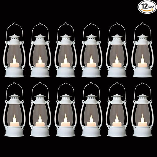 12Pcs Mini White Lanterns for Western Halloween Christmas – 6Inch Candle Lanterns with Flickering LED, Wedding Centerpiece Table Decorations, Camping Decor & Hanging Ornaments for Rustic Party