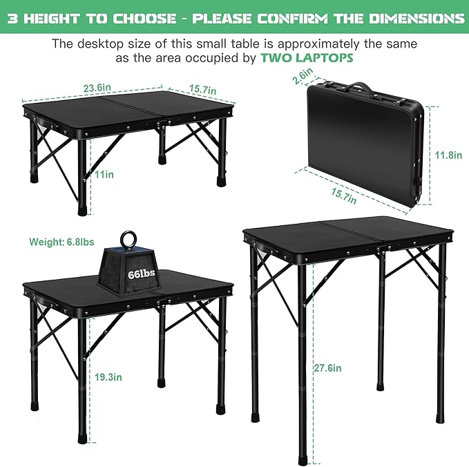Folding Camping Table, Pure Black 2ft Picnic Table Metal Legs MDF Tabletop, Small Outdoor Table Adjustable Height, Lightweight, Portable Handle for Travel Cooking