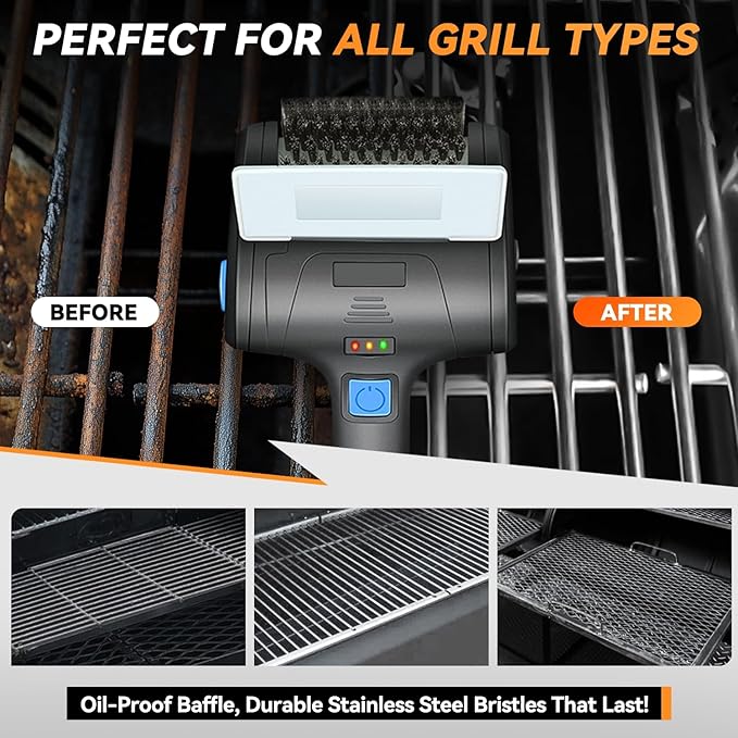 Auto Dynasty Cordless Electric Grill Brush, Rechargeable Grill Cleaning Scrub Brush with Rotating Cleaner Brush Head and Type-C Charging Cable for Outdoor Grill, Blue/Black